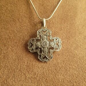Silver Tone Filigree Floral Heart Cross Pendant Necklace 18 Inch Cottagecore